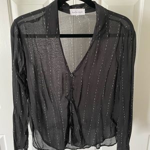 Bella Dahl sheer XS black blouse with white thin dotted stripes